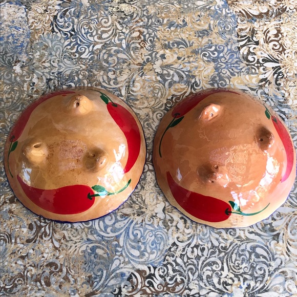 2 Mexican Glazed Pottery Hand Made Painted Salsa Footed Bowls Chili 🌶 Motif - Picture 3 of 7